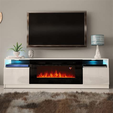 York 02 White Electric Fireplace Modern 79" TV Stand at Futonland