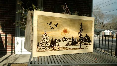 Pyrography, Wood burning art, Mountain abstact, Pine scene, Landscape ...