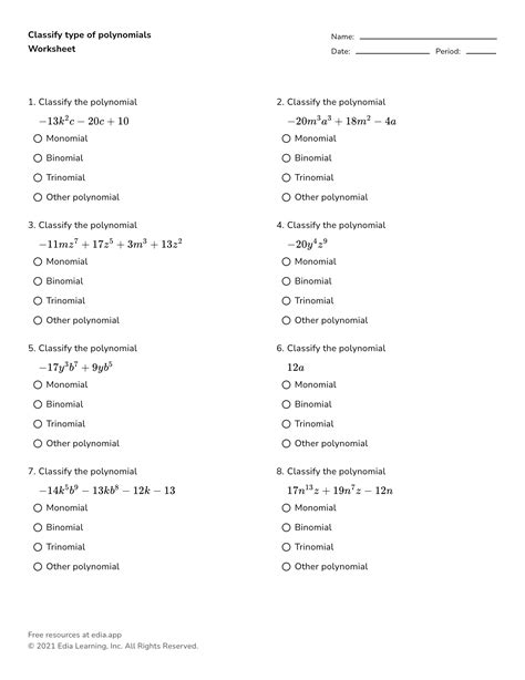 Classify Type Of Polynomials - Worksheet - Worksheets Library