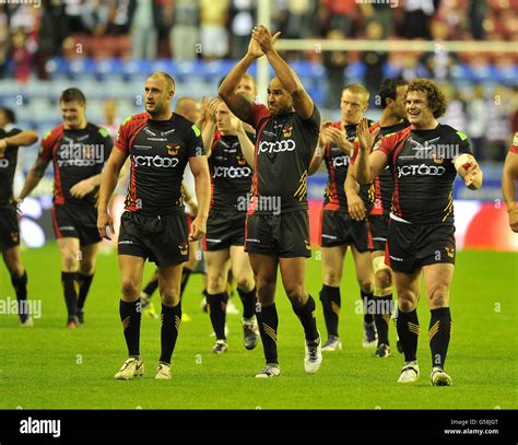 Bradford Bulls players celebrate to the crowds after beating Wigan ...