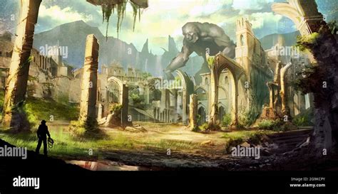 2d illustration mix media of fantasy adventure in remote ancient ...