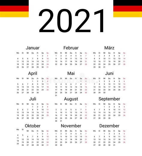 Germany 2021 Calendar. Vector Design Template Start from Monday. All ...