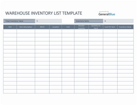 Warehouse Inventory List Template in Excel