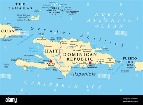 Hispaniola and surroundings, political map. Caribbean island, divided ...