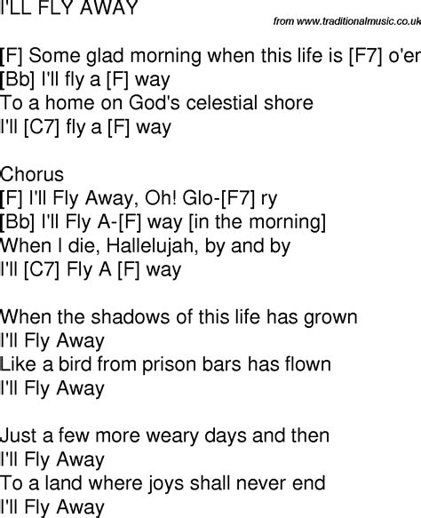 Old time song lyrics with guitar chords for I'll Fly Away C