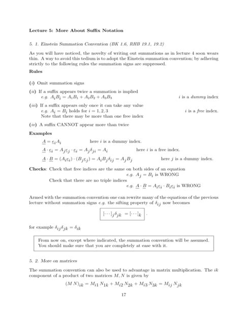 Lecture 5: More About Suffix Notation 5. 1. Einstein Summation