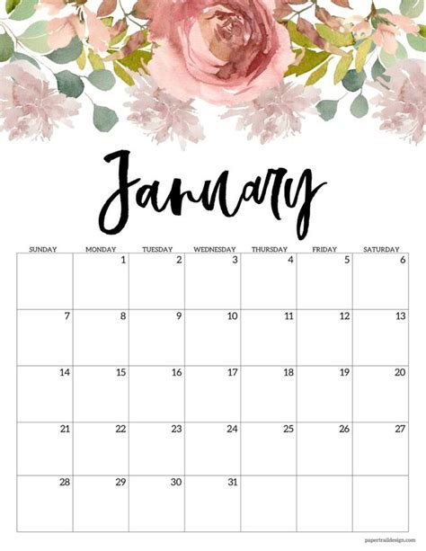 a calendar with watercolor flowers and the word january on it