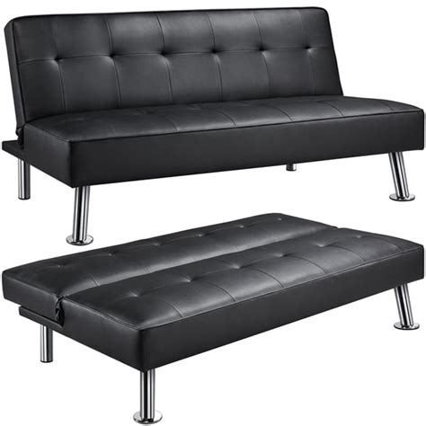 Easyfashion Convertible Black Faux Leather Futon Sofa Bed, Black ...