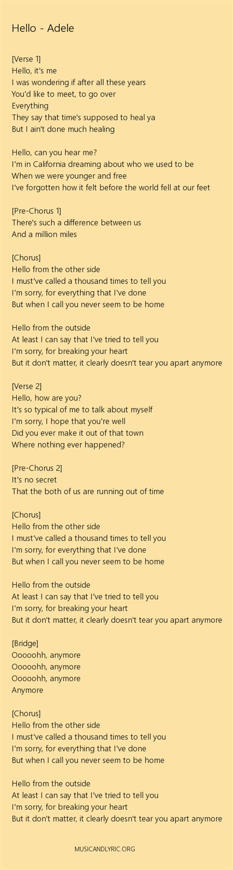 Adele - Hello lyrics, pdf - Musicandlyrics | Adele hello lyrics, Adele ...