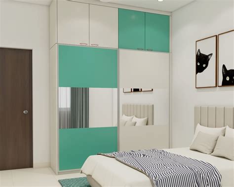 Frosty White And Aqua Green 2-Door Sliding Door Wardrobe Design | Livspace