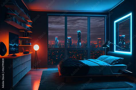 Modern bedroom interior with neon lights glowing ambient in the evening ...