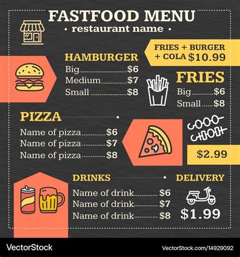 Fastfood menu for restaurant or cafe poster Vector Image