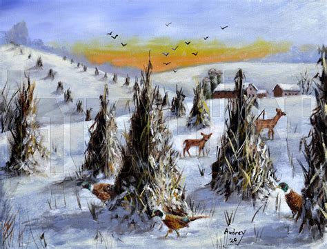 Snow Country Scene Deer Pheasant Bird Winter Wildlife Folk - Etsy ...