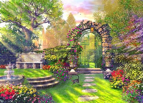 Beautiful garden scene! Stone arbor with wrought iron gate & lantern ...