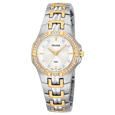 Pulsar Ladies Two Tone Stainless Steel White Dial Watch and Crystal ...