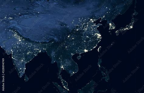 Earth at night, world map on satellite photo. City lights showing human ...