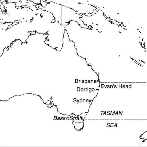 Map of the Tasman Sea and surrounding region with location names ...