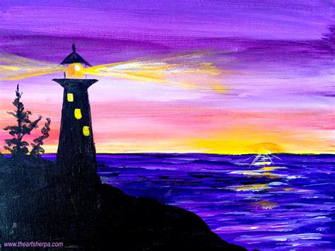 Easy sunrise painting of a Silhouette lighthouse with light on!! This ...