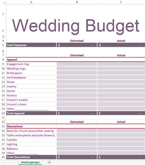 Simple Wedding Budget Planner Excel Template