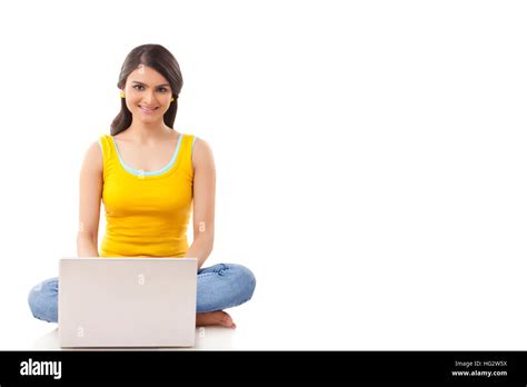 young Woman Sitting With Laptop Stock Photo - Alamy