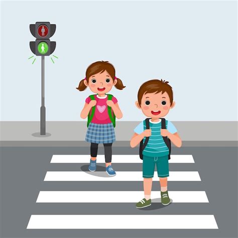 Premium Vector | School kids with backpack walking crossing road near ...