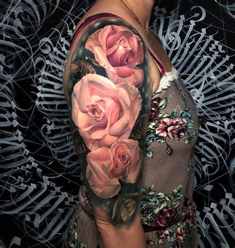 Pink Roses Half Sleeve #cutefemaletattoodesigns | Pink rose tattoos ...