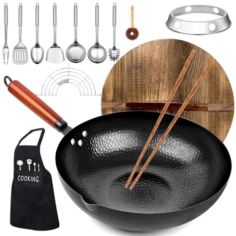 Carbon Steel Wok Pan, KAQINU 14 Piece Woks & Stir-Fry Pans Set with ...