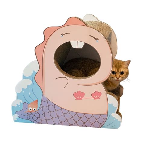 17.7" Fish Shape Cat House Corrugated Board Cat Cave Bed in Green/Pink