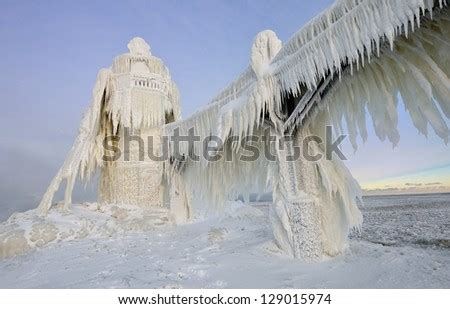 Fascinating Ice Formations On Michigan St. Joseph Lighthouse Stock ...