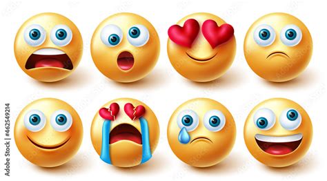 Emoji smileys vector set. Smiley 3d emoticons in shocked, funny and sad ...