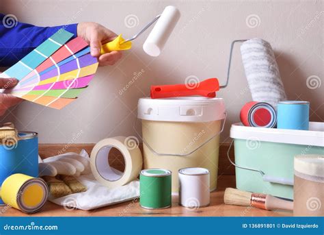 Painting Tools for Home and Painter Choosing Colors Stock Image - Image ...