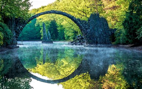 Old Stone Arched Bridge Lake Reflection Desktop Wallpaper - Free