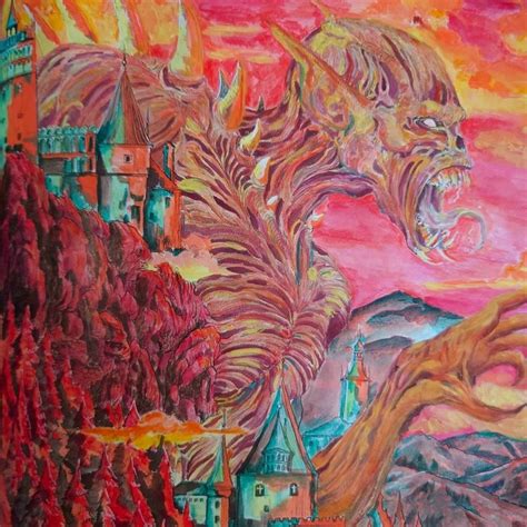 a painting of a castle with a dragon on it's face and trees in the ...