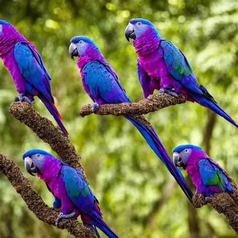 two purple parrots on a branch looking back at the | Stable Diffusion