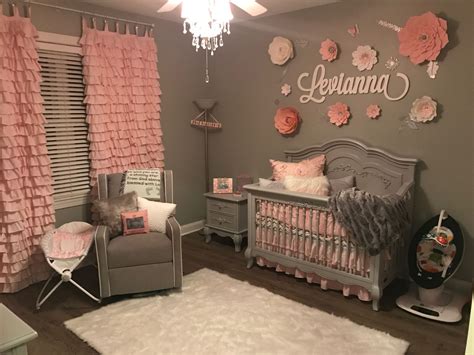 Baby girl grey and pink bedroom. Handmade drapes and flowers. Love how ...