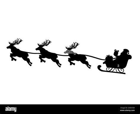 Silhouette Santa in sleigh and flying reindeers. Symbol Happy Merry ...