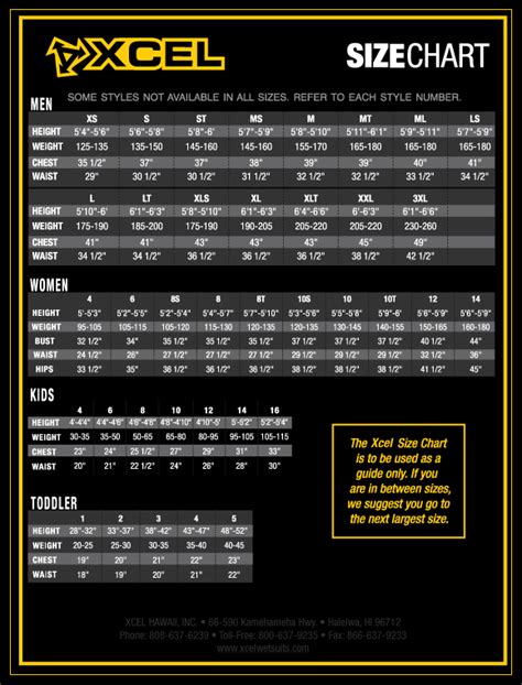 XCel Wetsuits Size Chart | WETSUIT MEGASTORE