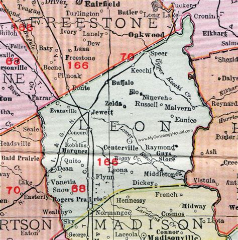 Leon County, Texas, Map, 1911, Centerville, Buffalo, Jewett, Marquez ...