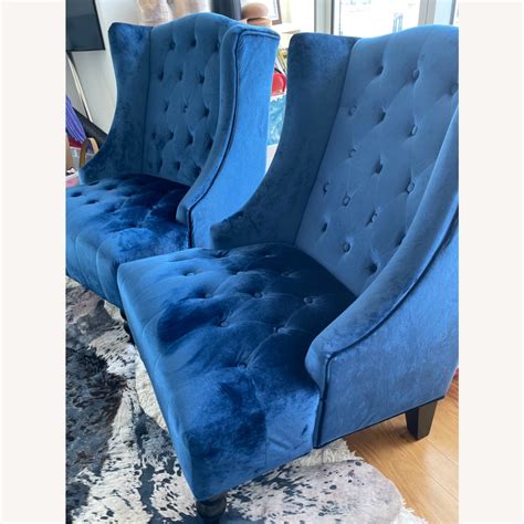 Pair of Blue Velvet Tufted High Back Club Chairs - AptDeco