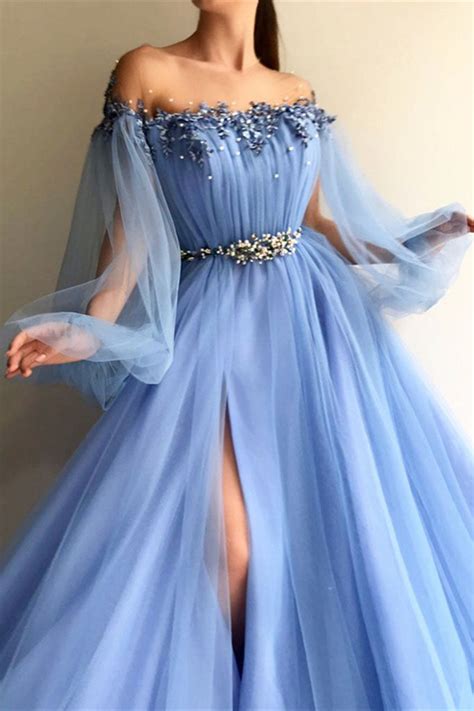 Elegant Blue Long Sleeves Off the Shoulder Beaded Crystal Side Slit ...