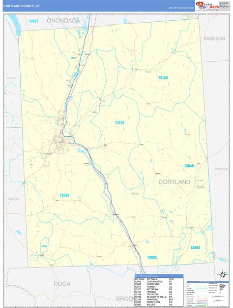 Cortland County, NY Zip Code Wall Map Basic Style by MarketMAPS