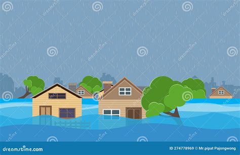 Flood Natural Disaster with House, Heavy Rain and Storm , Damage with ...