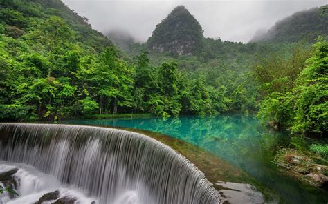 Download Fog Mountain China Nature Waterfall HD Wallpaper