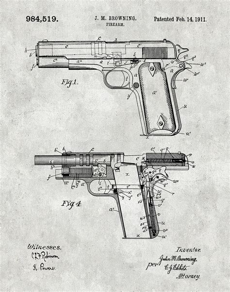 M1911 Browning Pistol Patent Print - M1911 Pistol Poster - Gun ...