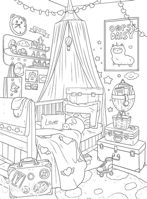 Aesthetic cozy bedroom drawing - Printable coloring page for kids and ...