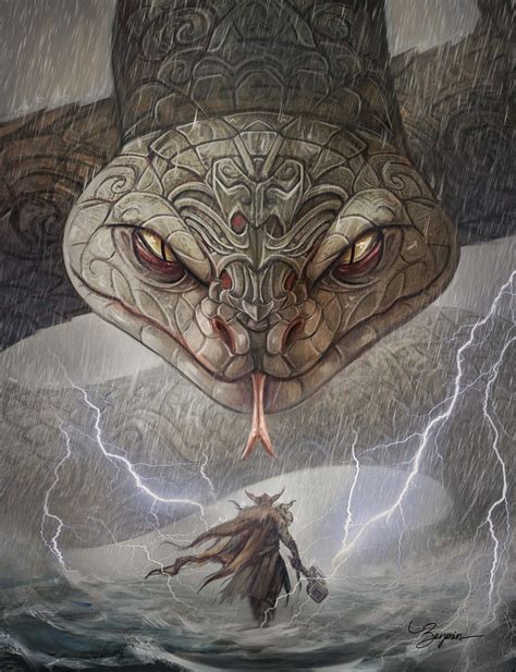 Thor, le dieu nordique du tonnerre contre Jormungand, le serpent-monde ...