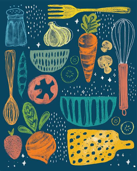 an illustration of vegetables and utensils on a dark blue background ...