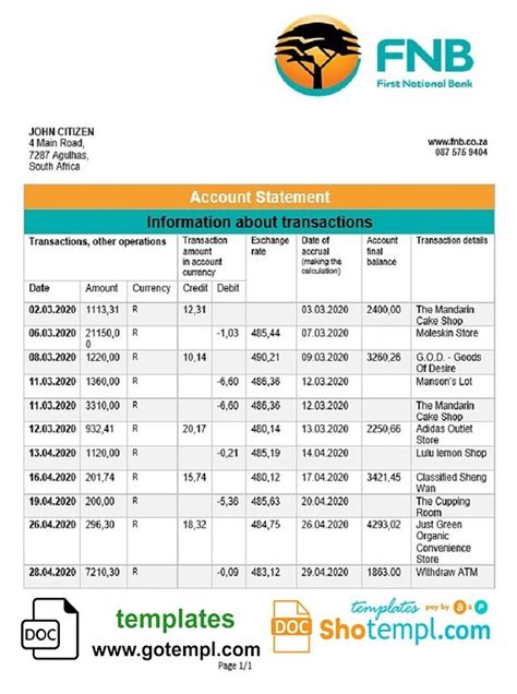 South Africa First National Bank (FNB) proof of address s ...