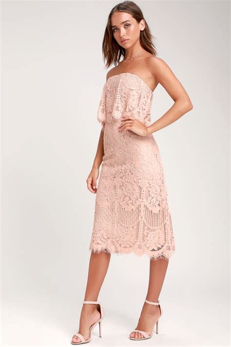 Lovely Blush Pink Dress - Lace Dress - Strapless Midi Dress - Lulus