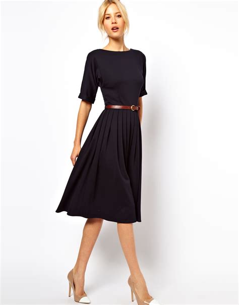 Asos Midi Dress With Full Skirt And Belt in Blue (Navy) | Lyst